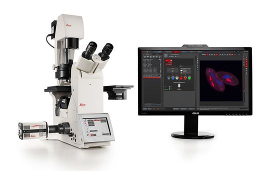 Die sCMOS Mikroskop-Kamera Leica DFC9000 an einem inversen Leica-DMi8-Mikroskop. Die sCMOS Mikroskop-Kamera Leica DFC9000 an einem inversen Leica-DMi8-Mikroskop.