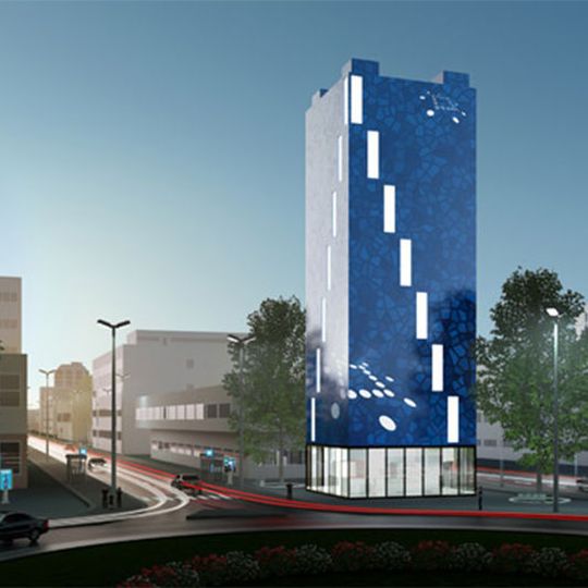 Die Grundfläche des ICT Power Tower beträgt 10 x 10 Meter und die Höhe 30 Meter. Die Kühlung und Entrauchungsanlage befindet sich in einem Kamin. Die Grundfläche des ICT Power Tower beträgt 10 x 10 Meter und die Höhe 30 Meter. Die Kühlung und Entrauchungsanlage befindet sich in einem Kamin.