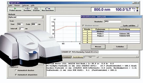Abb.1: Hauptfenster und Probendateneingabe der OptLab-SPX PC-Software mit Thermo Electron Evolution 300UV/Vis-Spektrophotometer. Abb.1: Hauptfenster und Probendateneingabe der OptLab-SPX PC-Software mit Thermo Electron Evolution 300UV/Vis-Spektrophotometer.