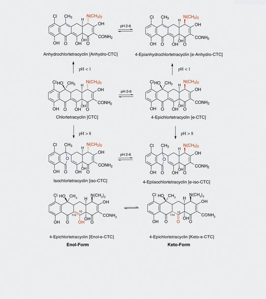 Abb.1: Strukturen und Symbole relevanter Umwandlungs- und Abbauprodukte des Chlortetracyclins. Abb.1: Strukturen und Symbole relevanter Umwandlungs- und Abbauprodukte des Chlortetracyclins.