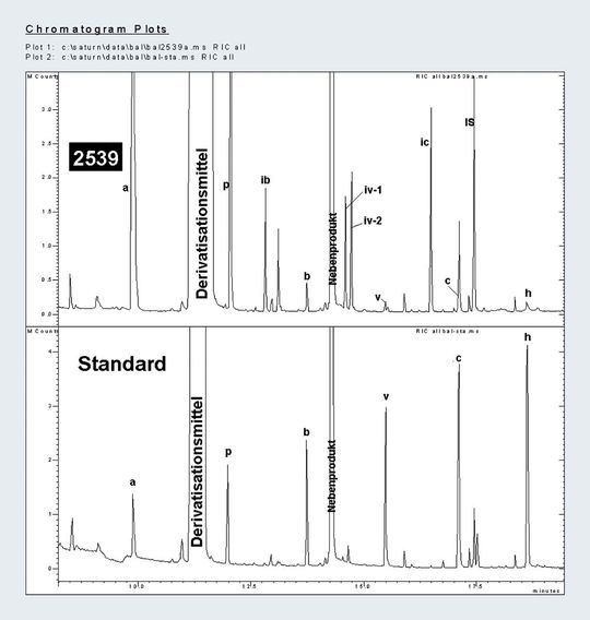 Abb.1: Vergleich des SPME-GC-MS-Chromatogramms einer BAL-Probe (oben) mit einem wässrigen Standard (unten) (a=Essigsäure, p=Propionsäure, ib=Isobuttersäure, b=Buttersäure, iv1=2-Methylbuttersäure, iv2=3-Methylbuttersäure, v=Valeriansäure, ic=Isocapronsäure, c=Capronsäure, IS=2-Methylhexansäure, h=Hexansäure). Abb.1: Vergleich des SPME-GC-MS-Chromatogramms einer BAL-Probe (oben) mit einem wässrigen Standard (unten) (a=Essigsäure, p=Propionsäure, ib=Isobuttersäure, b=Buttersäure, iv1=2-Methylbuttersäure, iv2=3-Methylbuttersäure, v=Valeriansäure, ic=Isocapronsäure, c=Capronsäure, IS=2-Methylhexansäure, h=Hexansäure).