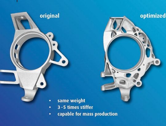 Anhand dieser Aluminium-Komponente für eine Radaufhängung eines Rennwagens, demonstrieren der Simulationsexperte Altair Engineering und Voxeljet, ein Spezialist für die additive Fertigung von Gußformen, in Hannover, wie die simulationsgetriebene bionische Bauteiloptimierung im Hinblick auf Gewichtsreduzierung gelingen kann. Altair optimierte das Bauteil, und Voxeljet brachte sein know-how für die wirtschaftliche Fertigung ein. Anhand dieser Aluminium-Komponente für eine Radaufhängung eines Rennwagens, demonstrieren der Simulationsexperte Altair Engineering und Voxeljet, ein Spezialist für die additive Fertigung von Gußformen, in Hannover, wie die simulationsgetriebene bionische Bauteiloptimierung im Hinblick auf Gewichtsreduzierung gelingen kann. Altair optimierte das Bauteil, und Voxeljet brachte sein know-how für die wirtschaftliche Fertigung ein.