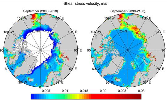 Durch Wellen erzeugte Belastung des Meeresbodens: Besonders in flachen Gebieten und an der Küste wirken die höheren Wellen am stärksten (rote und gelbe Färbung).