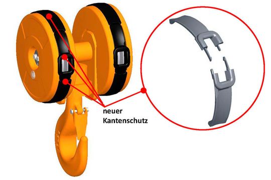 Ein neuer Kantenschutz am Seilzug GM 1000 macht die Arbeit mit schweren Lasten sicherer. Ein neuer Kantenschutz am Seilzug GM 1000 macht die Arbeit mit schweren Lasten sicherer.
