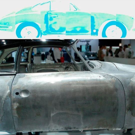 Oben: Fahrzeugscan Porsche 356 im Erstlack, die dunkelblauen Bereiche zeigen die Verzinnung ab Werk. Unten: Porsche 356 Verzinnung ab Werk. Oben: Fahrzeugscan Porsche 356 im Erstlack, die dunkelblauen Bereiche zeigen die Verzinnung ab Werk. Unten: Porsche 356 Verzinnung ab Werk.