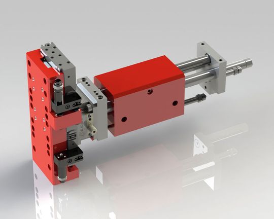 Montage d'une coulisse FSG 6048 X sur le module horizontal d'un manipulateur pneumatique, utilisée pour ajuster précisément la position latérale du module vertical. Montage d'une coulisse FSG 6048 X sur le module horizontal d'un manipulateur pneumatique, utilisée pour ajuster précisément la position latérale du module vertical.