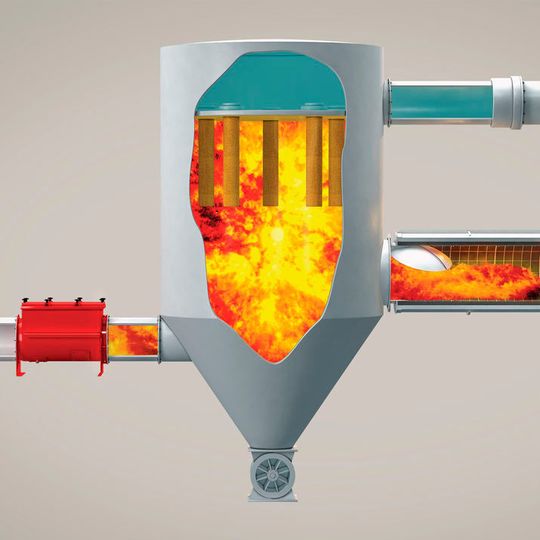 Filter mit Q-Flap Rückschlagklappe zur explosionstechnischen Entkopplung und Q-Rohr für flammenlose Druckentlastung. Filter mit Q-Flap Rückschlagklappe zur explosionstechnischen Entkopplung und Q-Rohr für flammenlose Druckentlastung.