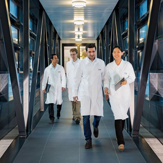 Im Jahr 2015 waren weltweit rund 10.000 Mitarbeiter in Forschung und Entwicklung beschäftigt. Im neuen Forschungsgebäude B007 in Ludwigshafen forschen beispielsweise Wissenschaftler in den Bereichen Materialphysik, Formulierung und Effektstoffe zusammen mit Polymerchemikern im Nachbargebäude. Die Wege sind kurz, über eine Brücke sind beide Gebäude verbunden. Van Tay Nguyen (links), Bernhard von Vacano (Mitte links), Sebastian Müller (Mitte rechts), alle Mitarbeiter der Materialphysik und Fangfang Chu (rechts), Chemikerin in der Formulierungsforschung, auf dem Weg über die Verbindungsbrücke. Im Jahr 2015 waren weltweit rund 10.000 Mitarbeiter in Forschung und Entwicklung beschäftigt. Im neuen Forschungsgebäude B007 in Ludwigshafen forschen beispielsweise Wissenschaftler in den Bereichen Materialphysik, Formulierung und Effektstoffe zusammen mit Polymerchemikern im Nachbargebäude. Die Wege sind kurz, über eine Brücke sind beide Gebäude verbunden. Van Tay Nguyen (links), Bernhard von Vacano (Mitte links), Sebastian Müller (Mitte rechts), alle Mitarbeiter der Materialphysik und Fangfang Chu (rechts), Chemikerin in der Formulierungsforschung, auf dem Weg über die Verbindungsbrücke.