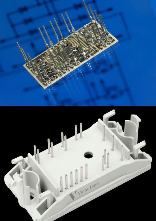 Bild 1: Typisches Powermodul, bestehend aus robustem Basismaterial (oben) und zuverlässigem Gehäuse (unten). Bild 1: Typisches Powermodul, bestehend aus robustem Basismaterial (oben) und zuverlässigem Gehäuse (unten).