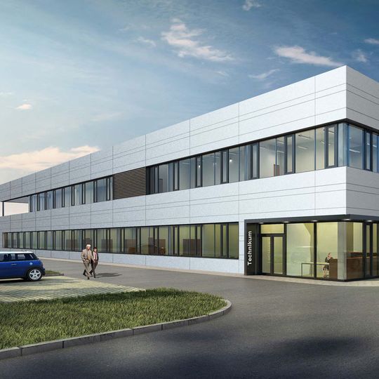 Vorderansicht des geplanten Logistikzentrums mit Technikum (Rendering) Vorderansicht des geplanten Logistikzentrums mit Technikum (Rendering)