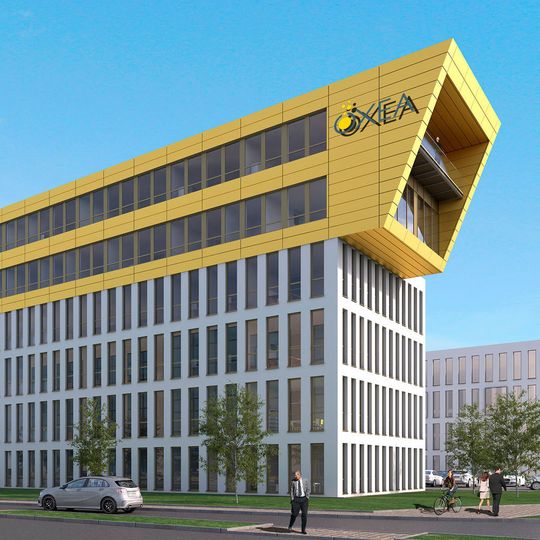 Visualisierung von Oxeas neuer Unternehmenszentrale: Als architektonische Besonderheit ragen die beiden obersten Stockwerke in Periskop-Form über das Gebäude hinaus. Visualisierung von Oxeas neuer Unternehmenszentrale: Als architektonische Besonderheit ragen die beiden obersten Stockwerke in Periskop-Form über das Gebäude hinaus.