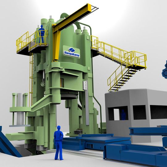 Die 6000 t Stauch- und Lochpresse im Entwurf – Vorderansicht. Die 6000 t Stauch- und Lochpresse im Entwurf – Vorderansicht.