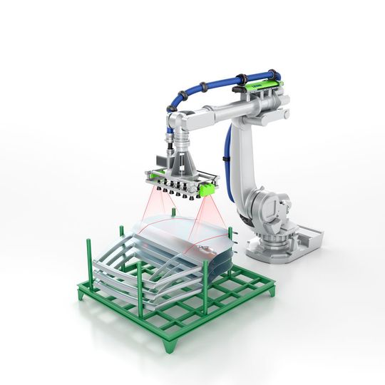 Während der 6D-Vermessung der Bauteillage kommen im Greifer integrierte Präzisions-Laser- oder Ultraschall-Sensoren zum Einsatz – die Greifposition wird dabei automatisiert korrigiert. Während der 6D-Vermessung der Bauteillage kommen im Greifer integrierte Präzisions-Laser- oder Ultraschall-Sensoren zum Einsatz – die Greifposition wird dabei automatisiert korrigiert.