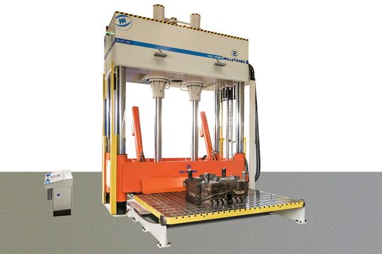 Millutensil has recently manufactured a die and mould spotting press featuring 4.000 mm x 3.000 mm plates, and a clamping force of 500 t. Millutensil has recently manufactured a die and mould spotting press featuring 4.000 mm x 3.000 mm plates, and a clamping force of 500 t.