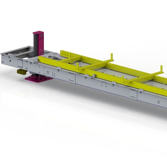 Um Karosserien so effizient wie möglich zu transportieren, werden beim neuen Hubsenkförderer ein Skidsystem der Firma Bleichert Automation mit zwei Hubsäulen von LEANTECHNIK kombiniert Um Karosserien so effizient wie möglich zu transportieren, werden beim neuen Hubsenkförderer ein Skidsystem der Firma Bleichert Automation mit zwei Hubsäulen von LEANTECHNIK kombiniert