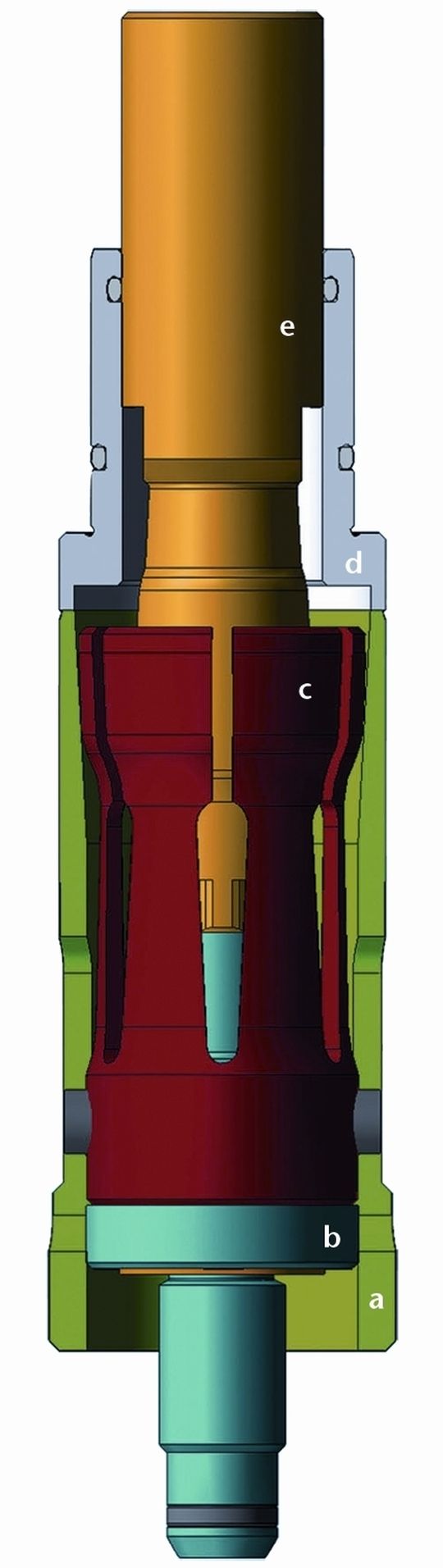 Bild 1: Aufbau der selbsthemmenden Verriegelungseinheit Super-Lock: a Spannhülse, b Zugstange, c Spannzange, d Führungshülse, e Zugbolzen. Bild 1: Aufbau der selbsthemmenden Verriegelungseinheit Super-Lock: a Spannhülse, b Zugstange, c Spannzange, d Führungshülse, e Zugbolzen.
