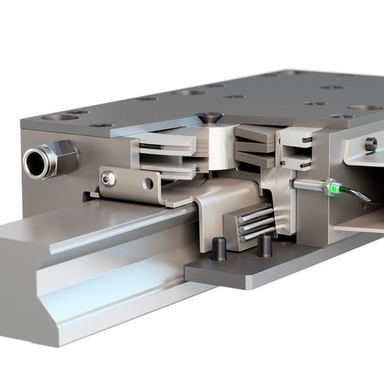 Mit der pneumatischen Roba-Guidestop bietet Mayr Antriebstechnik ein Bremskonzept, das sowohl die hohen Sicherheitsanforderungen erfüllt als auch ohne den Einsatz von Hydraulik eine hohe Leistungsdichte erreicht. Mit der pneumatischen Roba-Guidestop bietet Mayr Antriebstechnik ein Bremskonzept, das sowohl die hohen Sicherheitsanforderungen erfüllt als auch ohne den Einsatz von Hydraulik eine hohe Leistungsdichte erreicht.