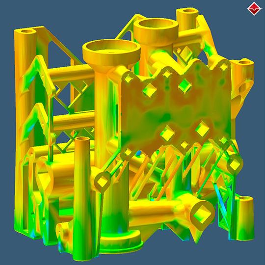 Die Simulation zeigt die Spannungen im additiv gefertigten Bauteil. Die Simulation zeigt die Spannungen im additiv gefertigten Bauteil.