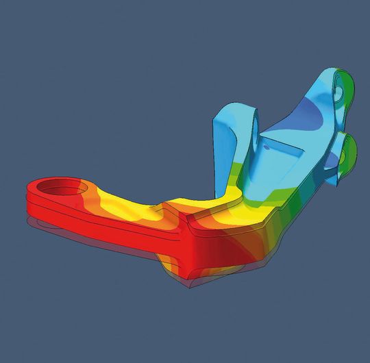 Das Bild zeigt eine Additiv gefertigte Halterung; in der Simulation wird der Verzug nach dem Entfernen der Stützstrukturen deutlich. Das Bild zeigt eine Additiv gefertigte Halterung; in der Simulation wird der Verzug nach dem Entfernen der Stützstrukturen deutlich.