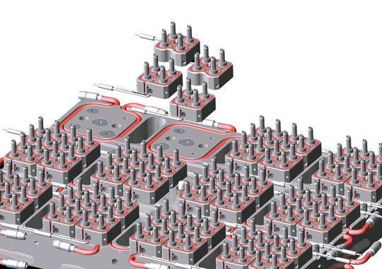 Micro-manifold technology is a new standardised solution for efficient large-scale production of polyolefine parts in moulds with an extremely high number of cavities. Ewikon showcased at K its micro-manifold technology: Arrangement of micro-manifolds under the main manifold. Micro-manifold technology is a new standardised solution for efficient large-scale production of polyolefine parts in moulds with an extremely high number of cavities. Ewikon showcased at K its micro-manifold technology: Arrangement of micro-manifolds under the main manifold.