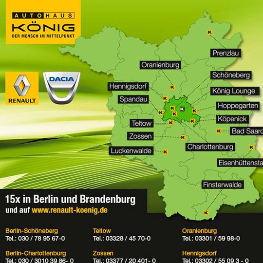 An seinen Standorten in Berlin und Brandenburg kommt König mit Renault auf einen lokalen Marktanteil von 9,2 Prozent – zum Vergrößern bitte klicken. An seinen Standorten in Berlin und Brandenburg kommt König mit Renault auf einen lokalen Marktanteil von 9,2 Prozent – zum Vergrößern bitte klicken.