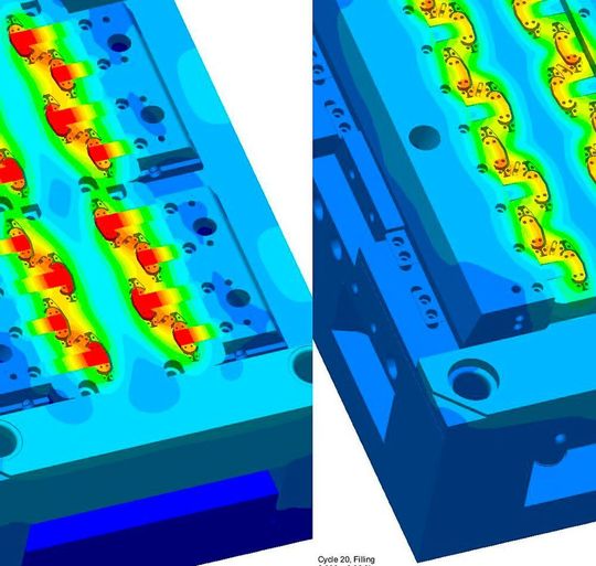 Sigmasoft Virtual Molding von Sigma Engineering ermöglicht frühe Werkzeugoptimierungen, wie es heißt. Hier der Vergleich: ursprüngliches Werkzeugdesign mit Temperaturverteilung (links) und Temperaturen des optimierten Designs (rechts). Sigmasoft Virtual Molding von Sigma Engineering ermöglicht frühe Werkzeugoptimierungen, wie es heißt. Hier der Vergleich: ursprüngliches Werkzeugdesign mit Temperaturverteilung (links) und Temperaturen des optimierten Designs (rechts).