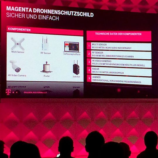 Auf dem MagentaSecurity-Kongress Ende November 2016 hat die Telekom das Drohnenschutzschild für Geschäftskunden erstmals der Öffentlichkeit vorgestellt. Auf dem MagentaSecurity-Kongress Ende November 2016 hat die Telekom das Drohnenschutzschild für Geschäftskunden erstmals der Öffentlichkeit vorgestellt.