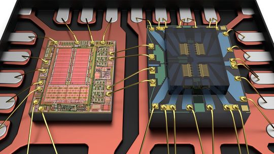 Bild 1: Treiber-IC (links) und MEMS-Schalter-Die (rechts) auf einem Metall-Leadframe. Bild 1: Treiber-IC (links) und MEMS-Schalter-Die (rechts) auf einem Metall-Leadframe.