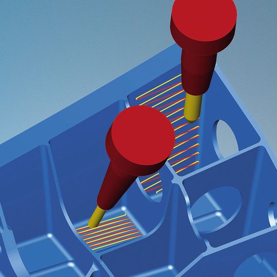 Fünf-Achs-Bearbeitung: Durch tangentiales Ebenenschlichten ist eine effiziente Bearbeitung von steilen und flachen Ebenen mit konischen Tonnenfräsern möglich. Fünf-Achs-Bearbeitung: Durch tangentiales Ebenenschlichten ist eine effiziente Bearbeitung von steilen und flachen Ebenen mit konischen Tonnenfräsern möglich.