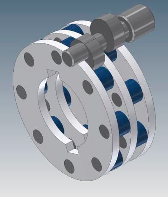 Das klassische Grissongetriebe hat zwei Rollenkränze und eine Daumenkurvenwelle mit zwei um 180° versetzten Daumenkurven. Das klassische Grissongetriebe hat zwei Rollenkränze und eine Daumenkurvenwelle mit zwei um 180° versetzten Daumenkurven.