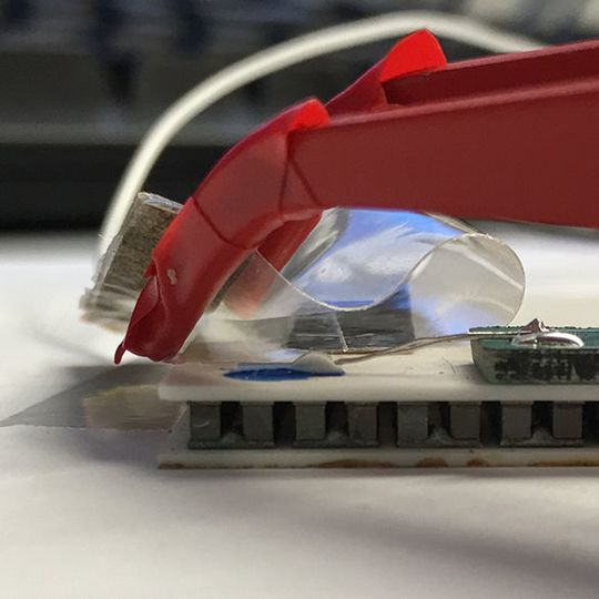 Die biegsame Sensorfolie (transparent) kann die Temperatur einer Wärmeplatte (weiss) messen. In Rot eine kleine Greifzange. Die biegsame Sensorfolie (transparent) kann die Temperatur einer Wärmeplatte (weiss) messen. In Rot eine kleine Greifzange.