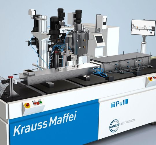 Mit einem neuen Ansatz will die Krauss-Maffei Reaktionstechnik, wie es heißt, die Pultrusion, das Strangziehverfahren zur kontinuierlichen Herstellung hochgefüllter faserverstärkter Kunststoffbauteile, auf ein neues Leistungsniveau bringen. Im Mittelpunkt der Entwicklung stehe eine neue wirtschaftliche Systemlösung: die iPul-Pultrusionsanlage. (Zu sehen auf der JEC world in Paris, im Pavillon 6 am Stand B 38) Mit einem neuen Ansatz will die Krauss-Maffei Reaktionstechnik, wie es heißt, die Pultrusion, das Strangziehverfahren zur kontinuierlichen Herstellung hochgefüllter faserverstärkter Kunststoffbauteile, auf ein neues Leistungsniveau bringen. Im Mittelpunkt der Entwicklung stehe eine neue wirtschaftliche Systemlösung: die iPul-Pultrusionsanlage. (Zu sehen auf der JEC world in Paris, im Pavillon 6 am Stand B 38)