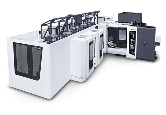 In Pfronten demonstriert DMG Mori seine Automatisierungskompetenz am Beispiel eines flexibel automatisierten Fertigungssystems mit den beiden Horizontal-Bearbeitungszentren NHX 5000 und DMC 60 H linear sowie Linear-Palettenspeichersystem LPP 24.