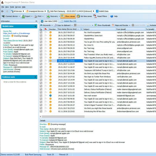 Die neue Version von Oxygen Forensic Detective kann Browser-Informationen wie Websuchen, Account-Daten, Kontakte, Nachrichten, Geokoordinaten oder E-Mails aus Webmail-Oberflächen auslesen. Die neue Version von Oxygen Forensic Detective kann Browser-Informationen wie Websuchen, Account-Daten, Kontakte, Nachrichten, Geokoordinaten oder E-Mails aus Webmail-Oberflächen auslesen.