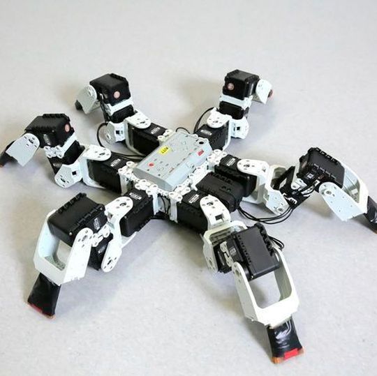 6-beiniger Roboter kann sich mit zwei unterschiedlichen Gangarten fortbewegen. 6-beiniger Roboter kann sich mit zwei unterschiedlichen Gangarten fortbewegen.