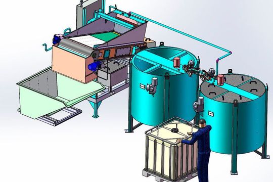 Die Pendelanlage im Vordergrund, daran anschließend der schräg gestellte Endlosfilter, darunter der Entwässerungscontainer. Die Pendelanlage im Vordergrund, daran anschließend der schräg gestellte Endlosfilter, darunter der Entwässerungscontainer.