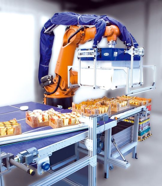 FPT Robotik entwickelte die modulare Palettierzelle Layer Master, mit der sich sortenreine Lagen eines großen Produktspektrums schnell palettieren und depalettieren lassen.Bild: Schmalz FPT Robotik entwickelte die modulare Palettierzelle Layer Master, mit der sich sortenreine Lagen eines großen Produktspektrums schnell palettieren und depalettieren lassen.Bild: Schmalz