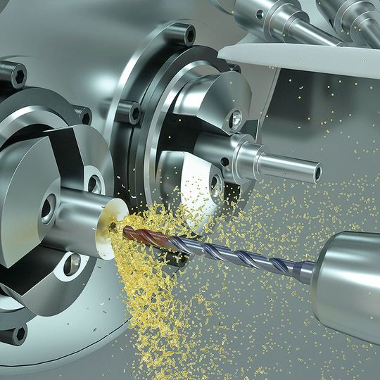 Eine Sonderanfertigung für Bohrtiefe 15 x d erreicht eine Standzeit von über 100 000 Teilen in rostfreiem Stahl (hier ein Ventilteil eines Haushaltgerätes). Eine Sonderanfertigung für Bohrtiefe 15 x d erreicht eine Standzeit von über 100 000 Teilen in rostfreiem Stahl (hier ein Ventilteil eines Haushaltgerätes).