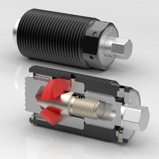 The clamping screw, type ESS, has a technical interior with a patented wedge mechanism. The clamping screw, type ESS, has a technical interior with a patented wedge mechanism.