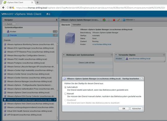 Die zugehörige Server-Komponente von VUM lässt sich in Version 6.5 einfach als Dienst in der VCSA aktivieren. Die zugehörige Server-Komponente von VUM lässt sich in Version 6.5 einfach als Dienst in der VCSA aktivieren.