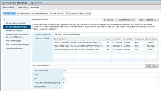 Bei der Erstkonfiguration von VUM lässt sich unter anderem Einstellen, wann udn wie oft verfügbare Patches heruntergeladen werden. Bei der Erstkonfiguration von VUM lässt sich unter anderem Einstellen, wann udn wie oft verfügbare Patches heruntergeladen werden.