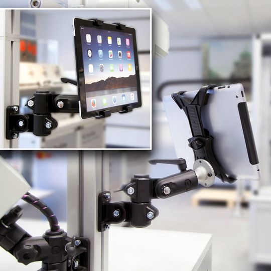 Die neue Halterung für Tablets erweitert das Zubehörspektrum der RK Monitorhalterung. Die neue Halterung für Tablets erweitert das Zubehörspektrum der RK Monitorhalterung.