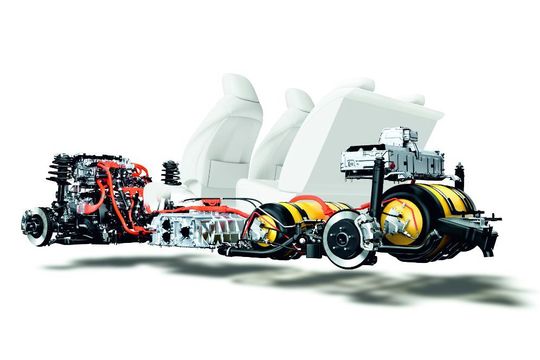 Die Antriebstechnik des Toyota Mirai: (v. li.) Elektromotor samt Leistungselektronik, Brennstoffzellen, zwei unterschiedlich große Wasserstofftanks und eine Traktionsbatterie.