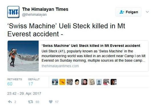 Twitter-Tweet von «The Himalayan Times» über Ueli Stecks Absturz am Mount Everest. Twitter-Tweet von «The Himalayan Times» über Ueli Stecks Absturz am Mount Everest.