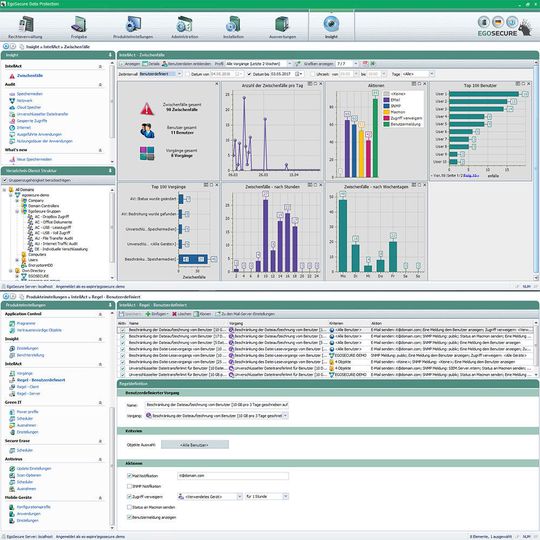 In EgoSecure Data Protection V12 sammelt das Modul Insight Informationen über die datenschutzrelevante Situation im Netzwerk und bereitet diese in Grafiken und Tabellen auf. In EgoSecure Data Protection V12 sammelt das Modul Insight Informationen über die datenschutzrelevante Situation im Netzwerk und bereitet diese in Grafiken und Tabellen auf.