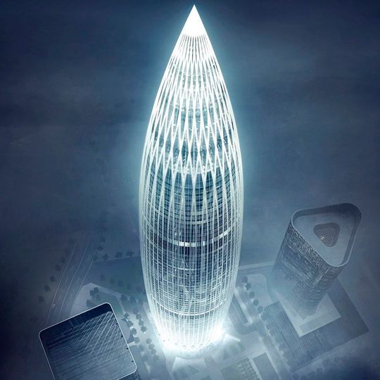 Der Wolkenkratzer, der von den Architekten der Firma KPF entworfen wurde, hat 56 äußere Edelstahl-Stützen, die als Träger für die Glasfassade dienen. Der Wolkenkratzer, der von den Architekten der Firma KPF entworfen wurde, hat 56 äußere Edelstahl-Stützen, die als Träger für die Glasfassade dienen.