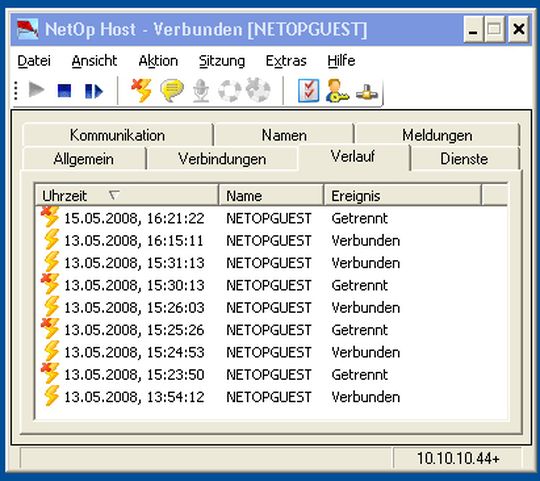 Das Kontrollfenster auf dem Host liefert die wichtigsten Informationen zur Verbindung. Das Kontrollfenster auf dem Host liefert die wichtigsten Informationen zur Verbindung.