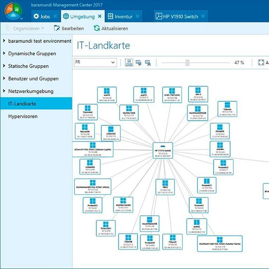 Die Baramundi Management Suite 2017 bietet eine IT-Landkarte für die grafische Darstellung der Netzwerktopologie. Die Baramundi Management Suite 2017 bietet eine IT-Landkarte für die grafische Darstellung der Netzwerktopologie.
