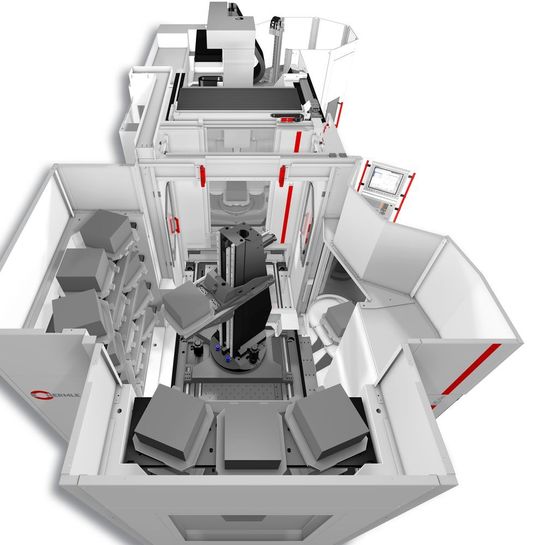 Blick von oben in das Konzept des Handlingsystems HS flex von der Hermle AG, wie es auf der Moulding Expo 2017 vorgestellt wird. Weil nicht nur relativ günstig und kompakt, soll es nach Beschreibungen des Herstellers für die Anwender ein sehr attraktives Produktionsmittel sein. Blick von oben in das Konzept des Handlingsystems HS flex von der Hermle AG, wie es auf der Moulding Expo 2017 vorgestellt wird. Weil nicht nur relativ günstig und kompakt, soll es nach Beschreibungen des Herstellers für die Anwender ein sehr attraktives Produktionsmittel sein.