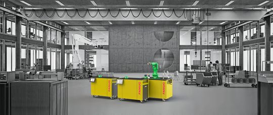 Une vue virtuelle dans “l’usine du futur” où des robots collaboratifs FANUC sont totalement intégrées dans l'espace de travail des humains. Une vue virtuelle dans “l’usine du futur” où des robots collaboratifs FANUC sont totalement intégrées dans l'espace de travail des humains.